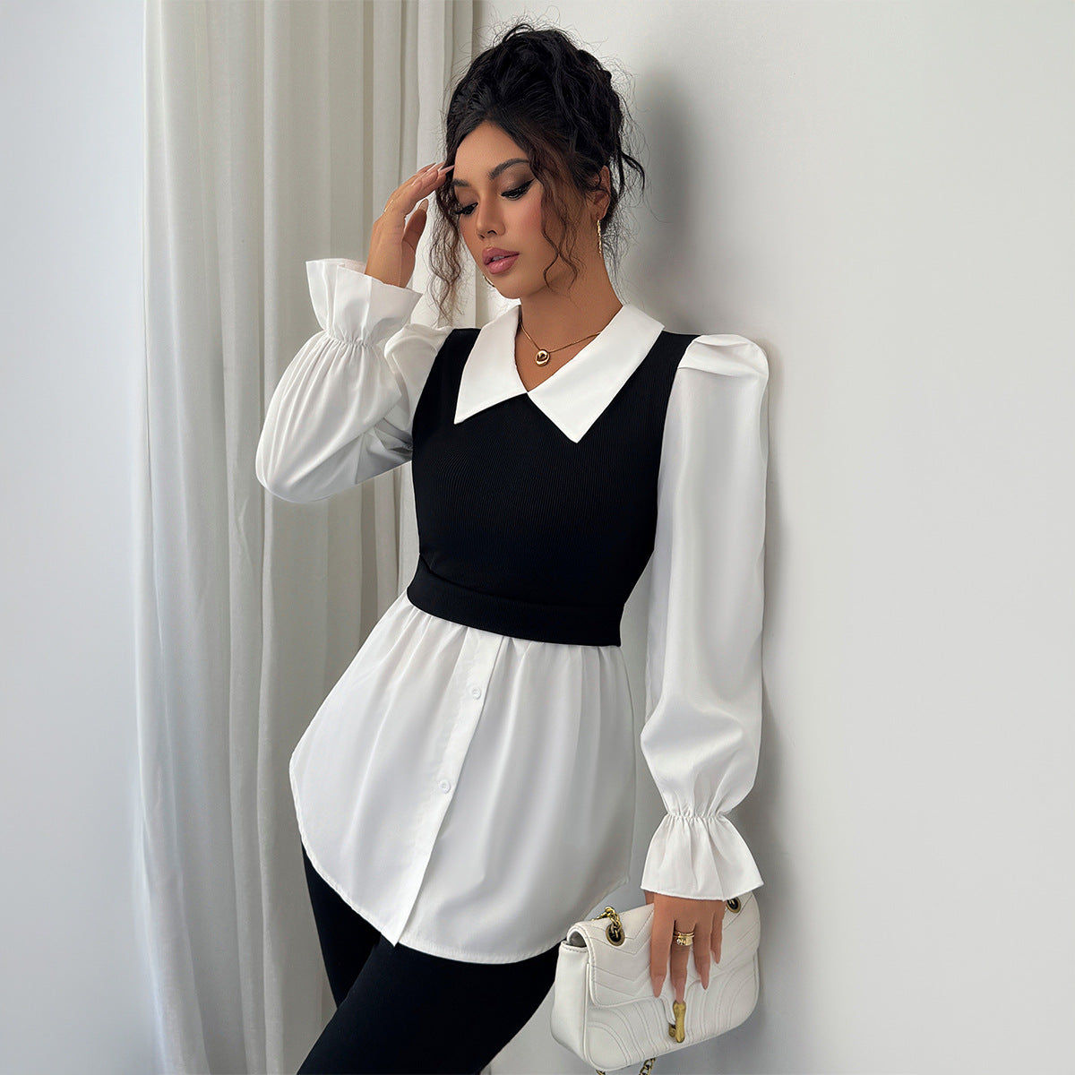 Women's Simple Long-Sleeved Top, Fashionable Design, Black Contrasting Color Suspender Vest Fake Two-Piece, White Shirt