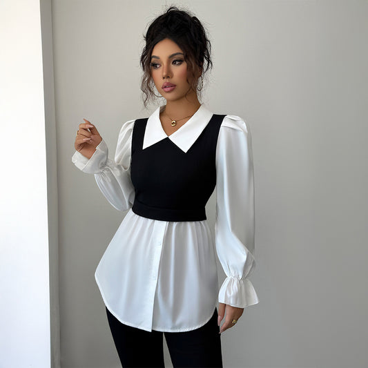 Women's Simple Long-Sleeved Top, Fashionable Design, Black Contrasting Color Suspender Vest Fake Two-Piece, White Shirt