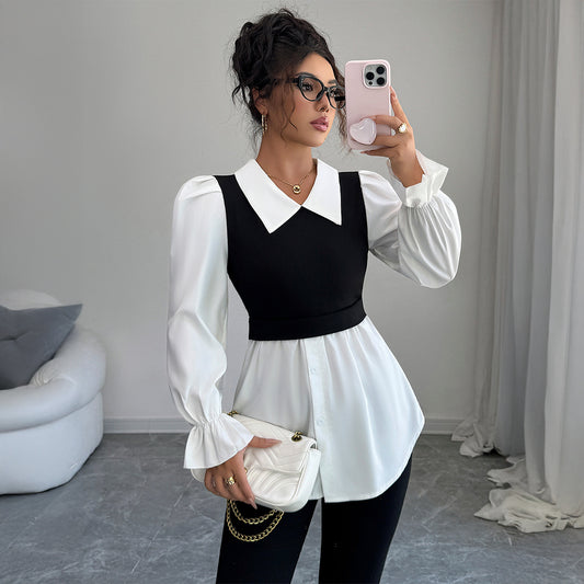 Women's Simple Long-Sleeved Top, Fashionable Design, Black Contrasting Color Suspender Vest Fake Two-Piece, White Shirt