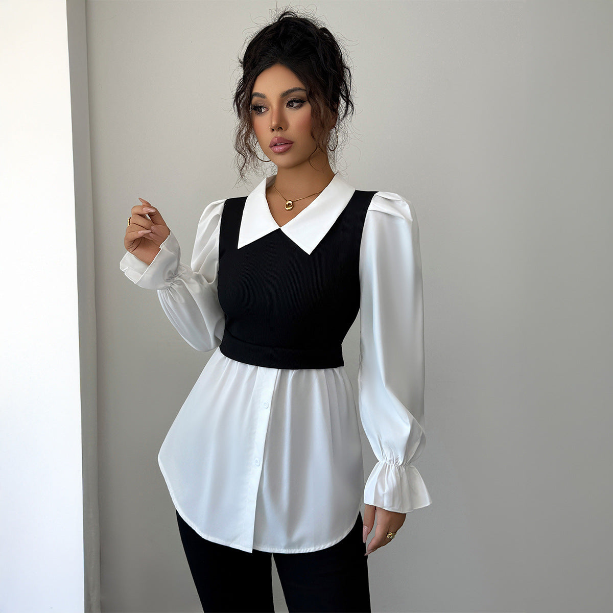 Women's Simple Long-Sleeved Top, Fashionable Design, Black Contrasting Color Suspender Vest Fake Two-Piece, White Shirt