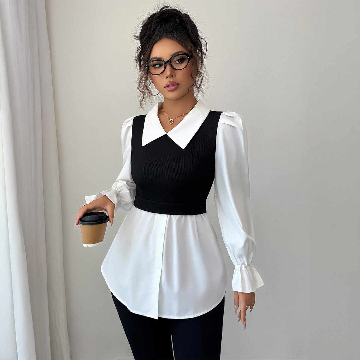 Women's Simple Long-Sleeved Top, Fashionable Design, Black Contrasting Color Suspender Vest Fake Two-Piece, White Shirt