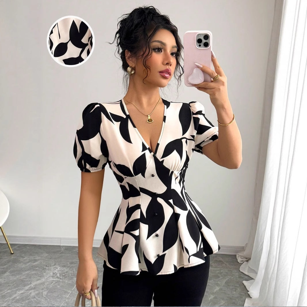 New Summer Womens Printed Shirts From Europe And American   Women'S Top 2pcs Set, Mature Elegant Style Long Sleeve Blouse Shawl Coat And Vest Inner Layer