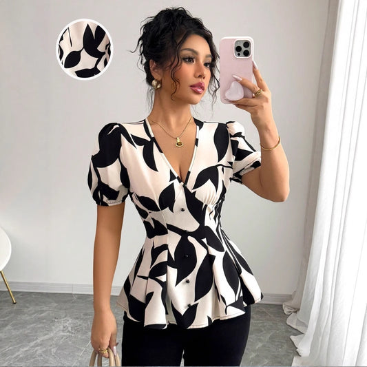 New Summer Womens Printed Shirts From Europe And American   Women'S Top 2pcs Set, Mature Elegant Style Long Sleeve Blouse Shawl Coat And Vest Inner Layer