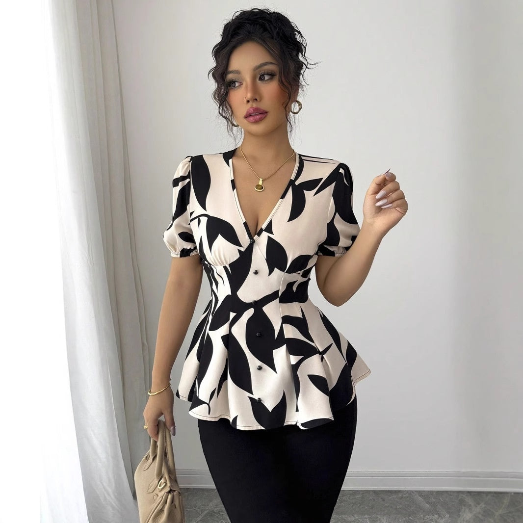 New Summer Womens Printed Shirts From Europe And American   Women'S Top 2pcs Set, Mature Elegant Style Long Sleeve Blouse Shawl Coat And Vest Inner Layer