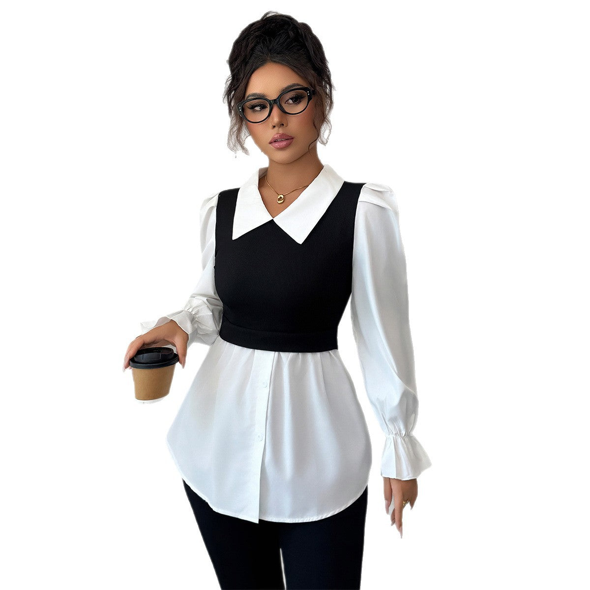 Women's Simple Long-Sleeved Top, Fashionable Design, Black Contrasting Color Suspender Vest Fake Two-Piece, White Shirt