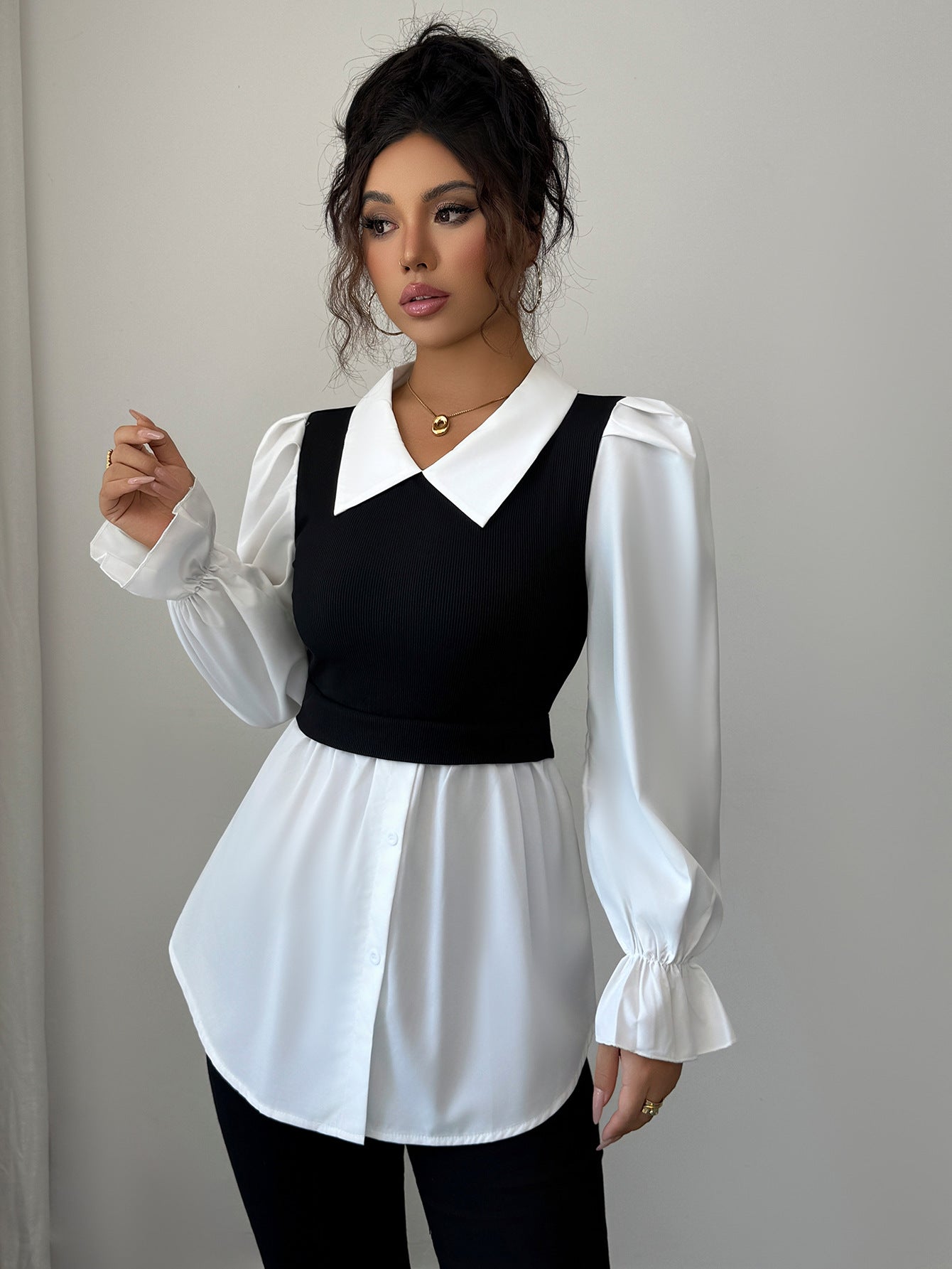 Women's Simple Long-Sleeved Top, Fashionable Design, Black Contrasting Color Suspender Vest Fake Two-Piece, White Shirt