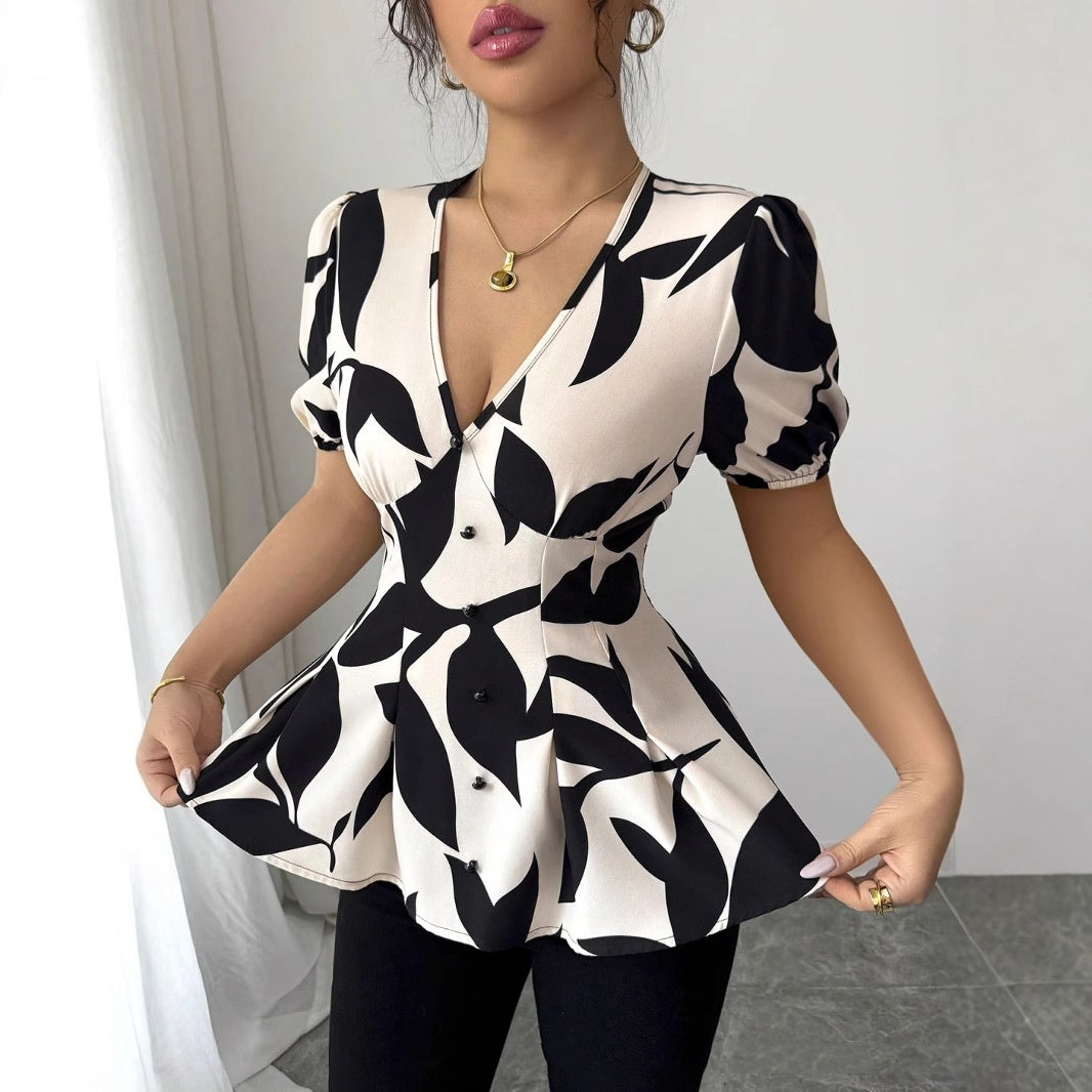 New Summer Womens Printed Shirts From Europe And American   Women'S Top 2pcs Set, Mature Elegant Style Long Sleeve Blouse Shawl Coat And Vest Inner Layer